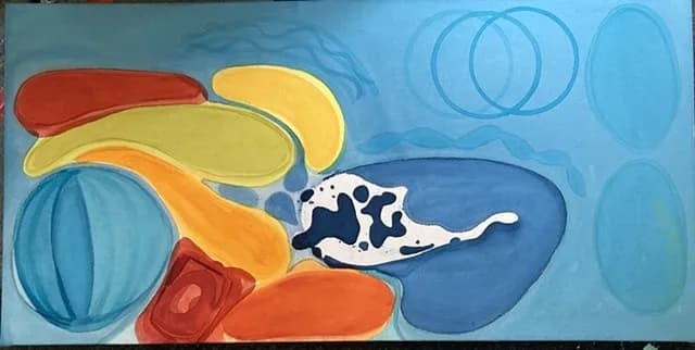 Abstract acrylic painting of organic forms and objects rendered in bold red, yellow, blue, and orange tones.