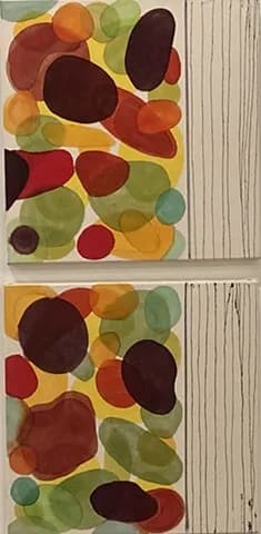 Two abstract acrylic paintings with layered organic circles in warm autumn tones and greens.