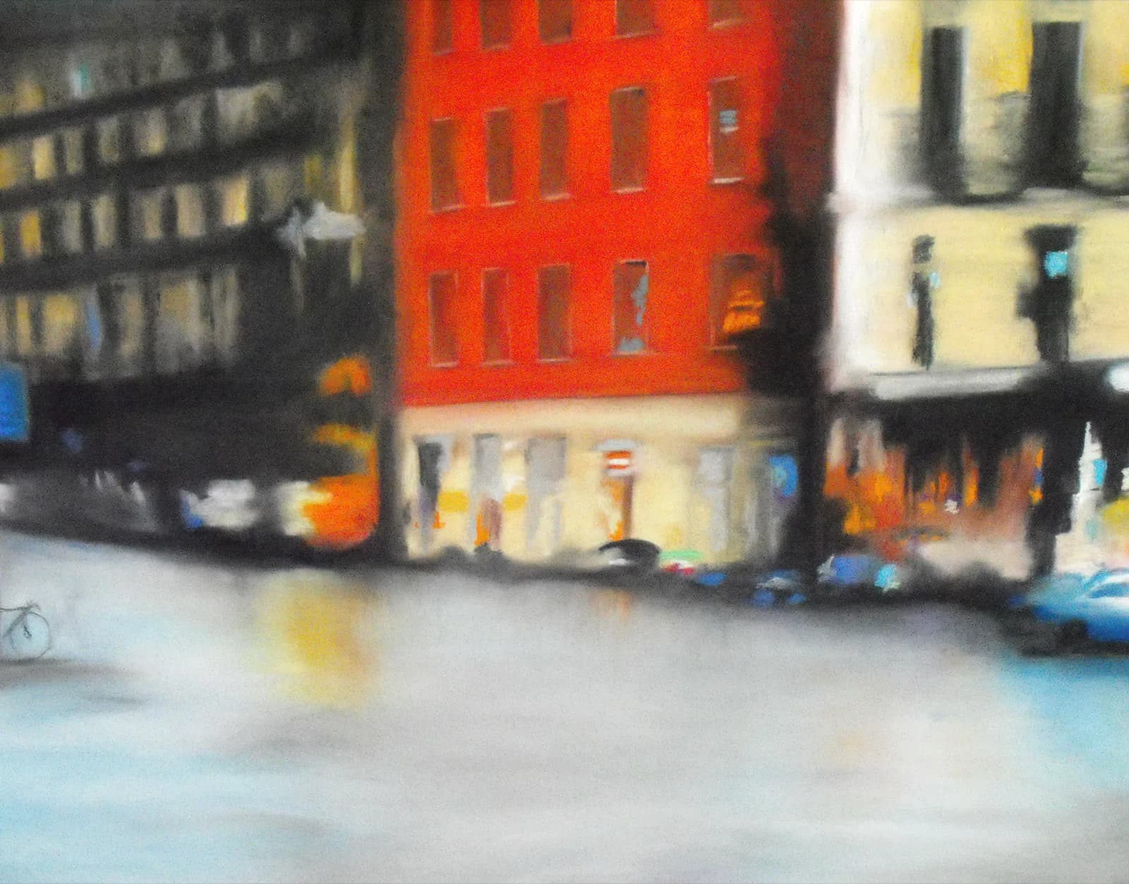 Urban European street scene with a striking red building, rendered in soft-focus impressionistic oil paint.