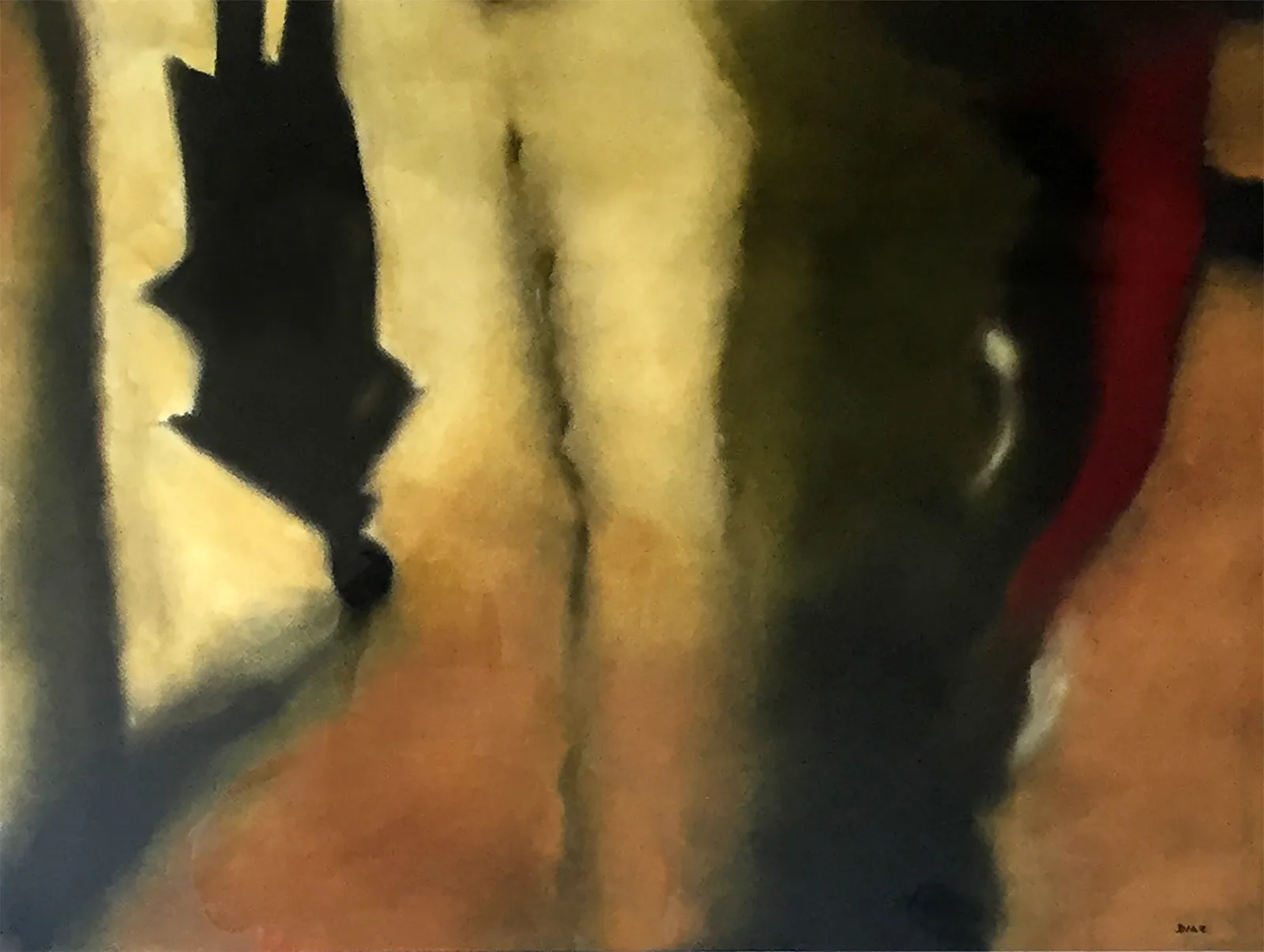 Abstract oil painting exploring the interplay of warm light, shadow, and a dark silhouetted form.