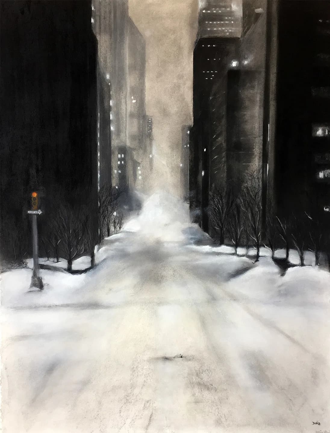 Snow-covered urban street lined with tall buildings under a winter night sky, painted in muted grays and whites.