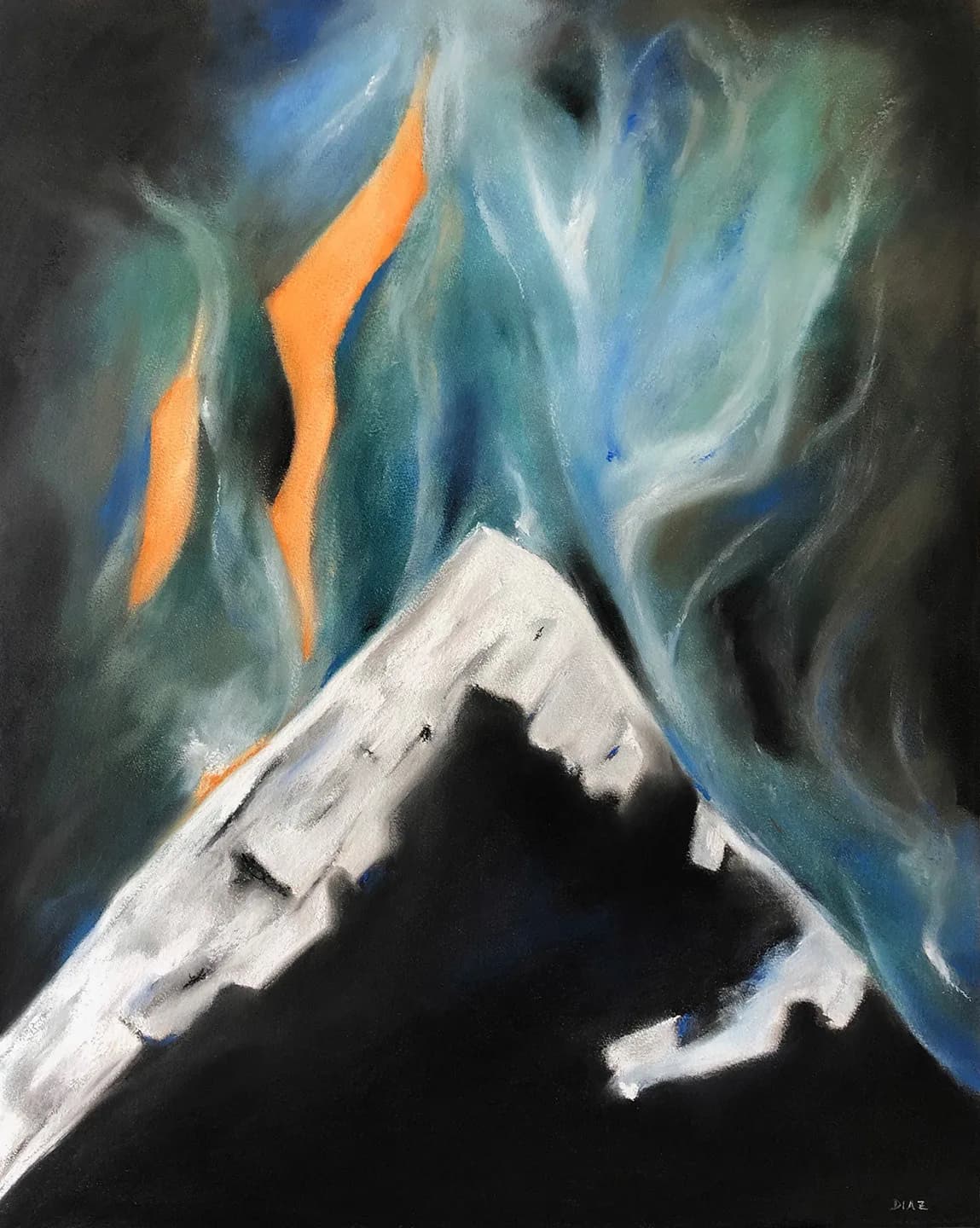 Abstract acrylic painting of a snow-capped mountain peak set against swirling aurora-like waves in blue, orange, and white.