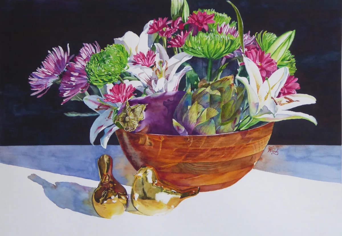 A vibrant watercolor still life of pink daisies, white lilies, and purple flowers in a wooden bowl with brass vessels.