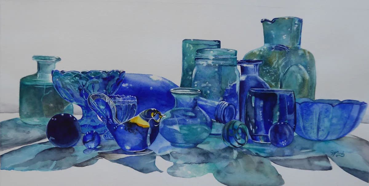 A collection of blue and teal glass vessels and objects arranged with dramatic shadows in watercolor.