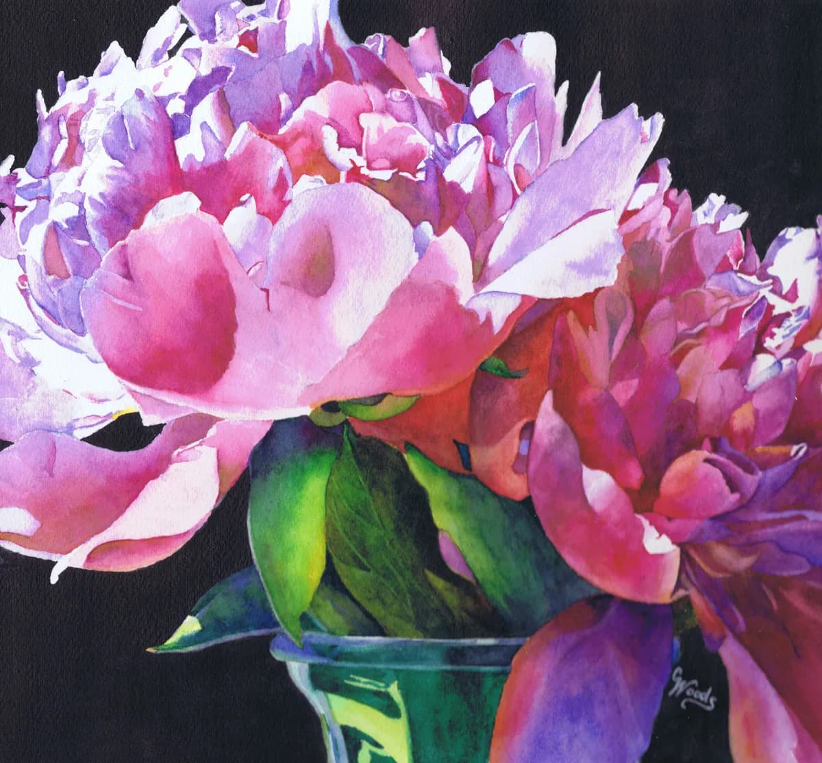 Luminous pink and purple peonies in a vase, rendered in acrylic with photorealistic detail.