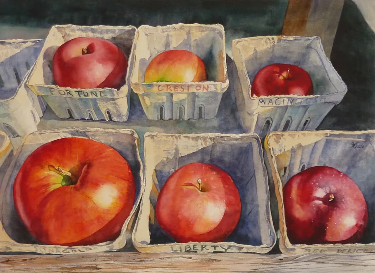 Six red apples in cardboard baskets labeled with Colorado farm names, rendered in watercolor.