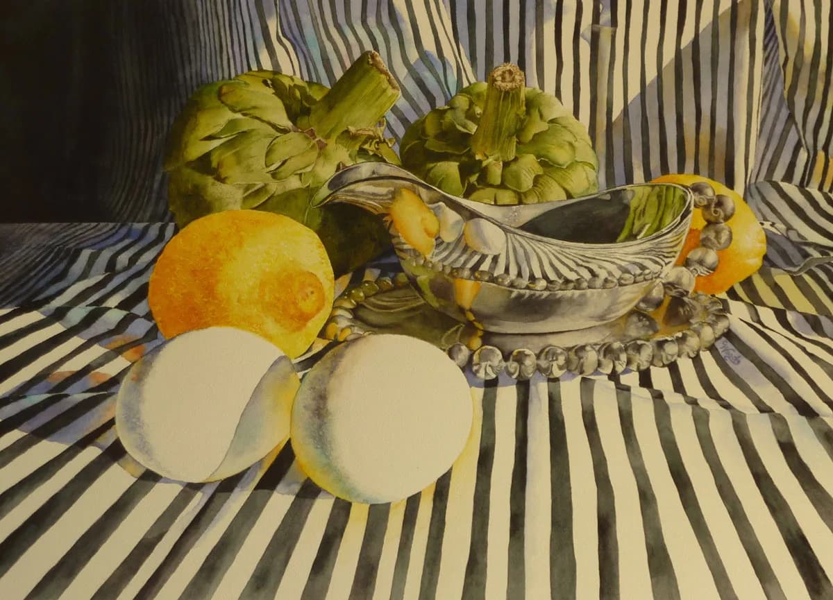 Watercolor still life of bananas, citrus, and a decorative metal vessel on striped fabric.
