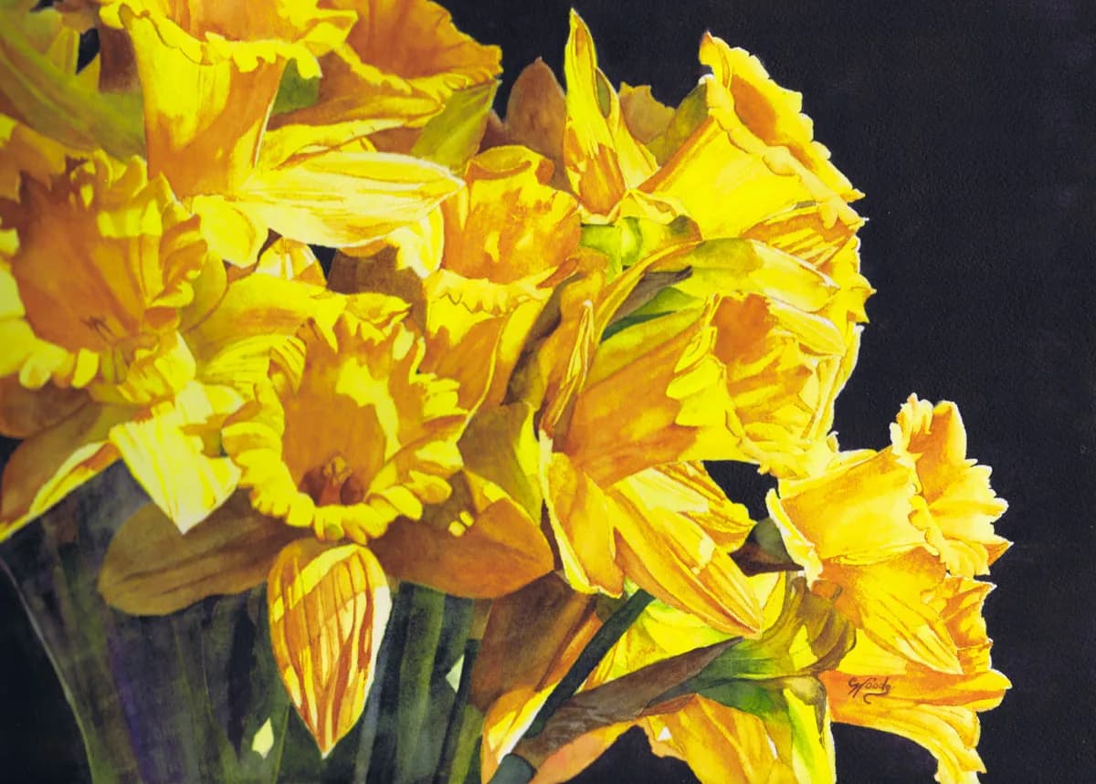 A cluster of bright yellow daffodils rendered in acrylic paint against a dark background.