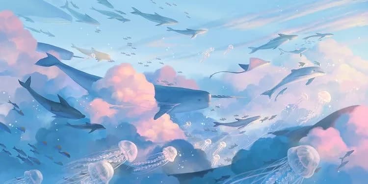Whales and jellyfish swim through clouds and pastel waters in a dreamlike digital composition.