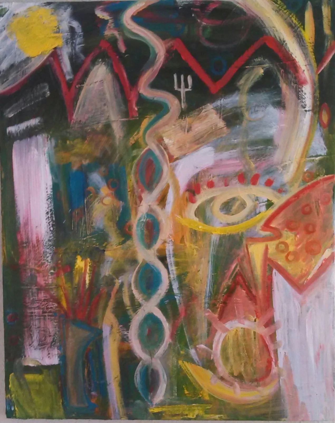 Abstract acrylic painting with bold geometric forms, layered symbolism, and vibrant color.