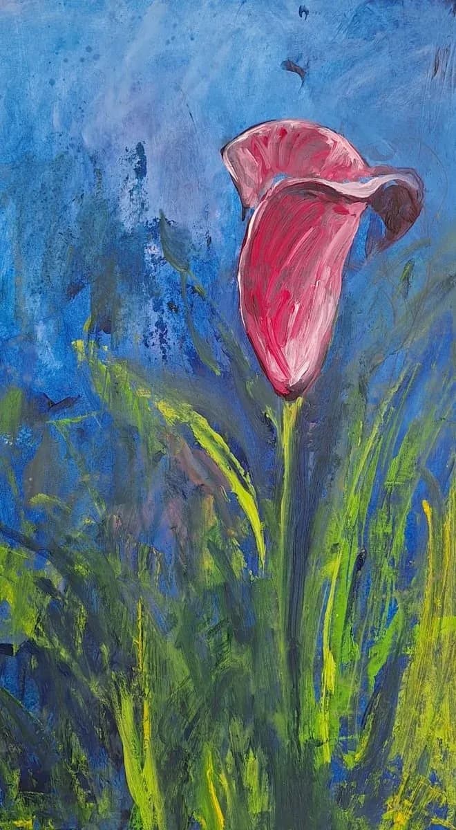 A pink calla lily with green foliage rendered in acrylic against a textured blue background.