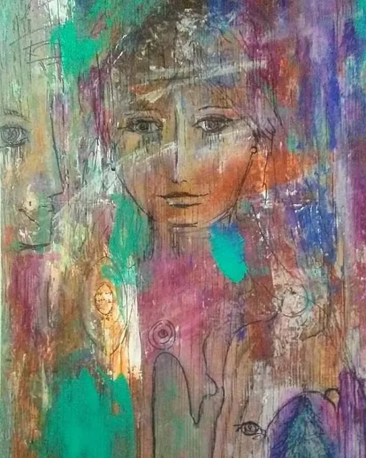 Layered portrait of faces in mixed media with vibrant washes of turquoise, purple, and warm earth tones.