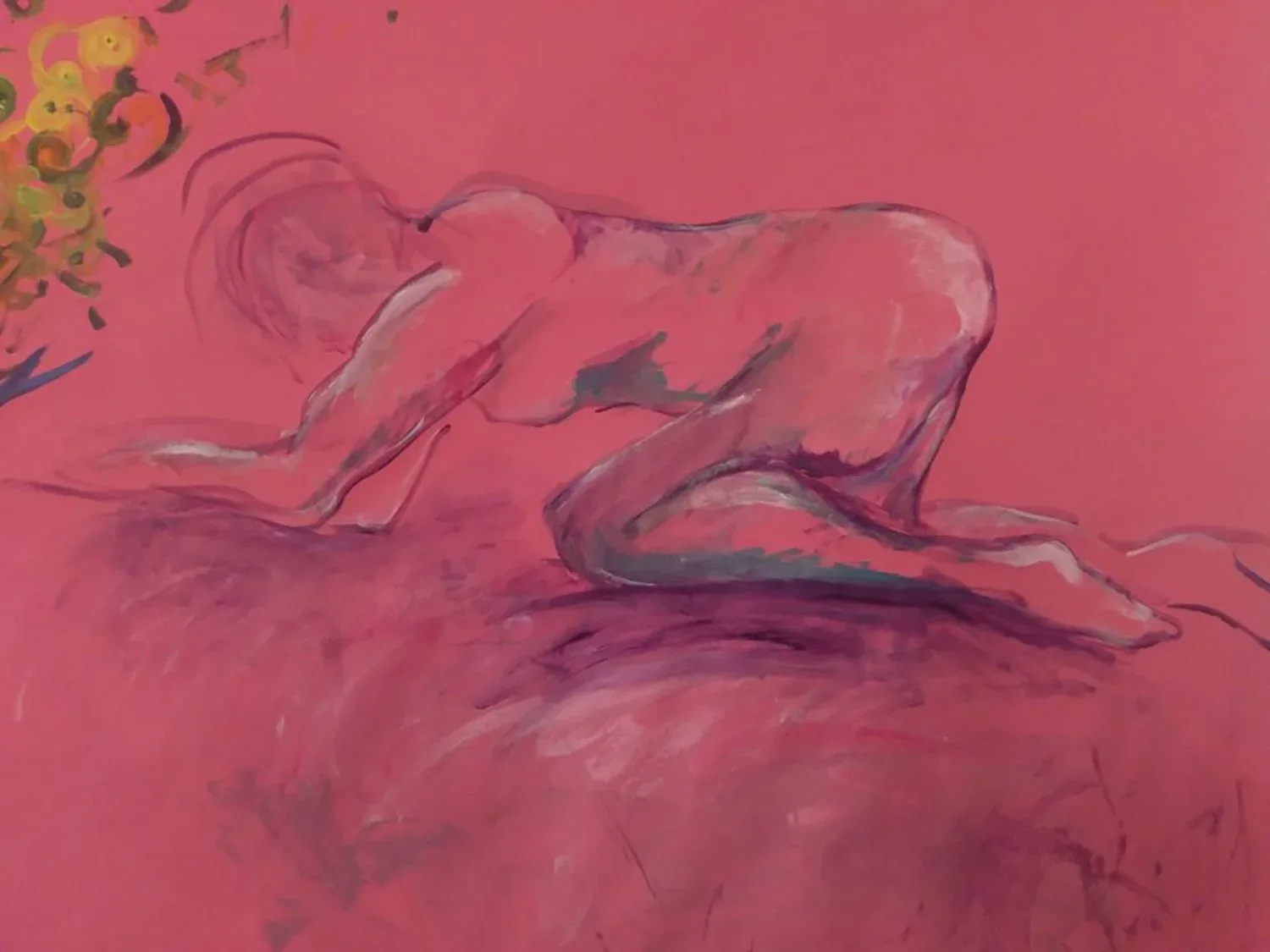 Reclining abstract figure in pink and burgundy acrylic on a warm pink ground.