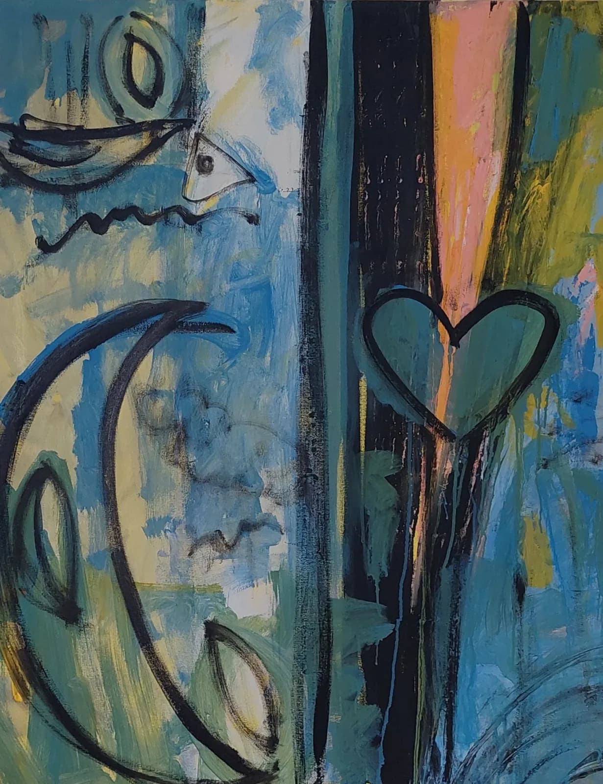 Abstract painting with black line-drawn hearts and gestural marks on layered blue and warm acrylic grounds.