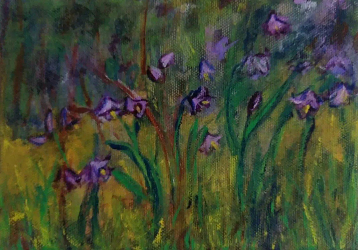 Purple wildflowers rise from green stems and earth tones in an impressionistic oil painting.