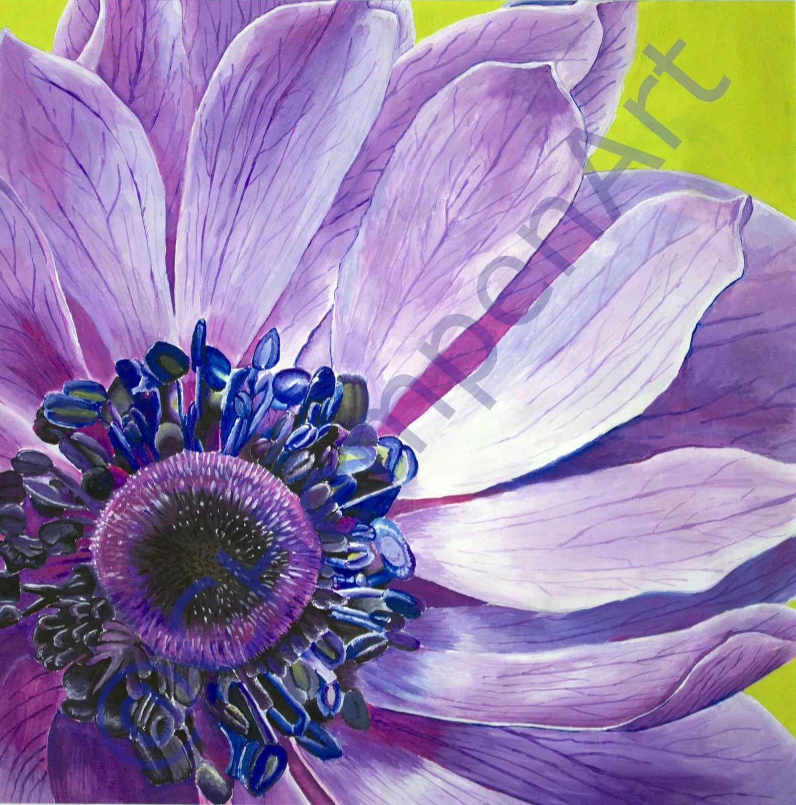 Close-up acrylic painting of a purple anemone flower with contrasting blue stamens and yellow background.