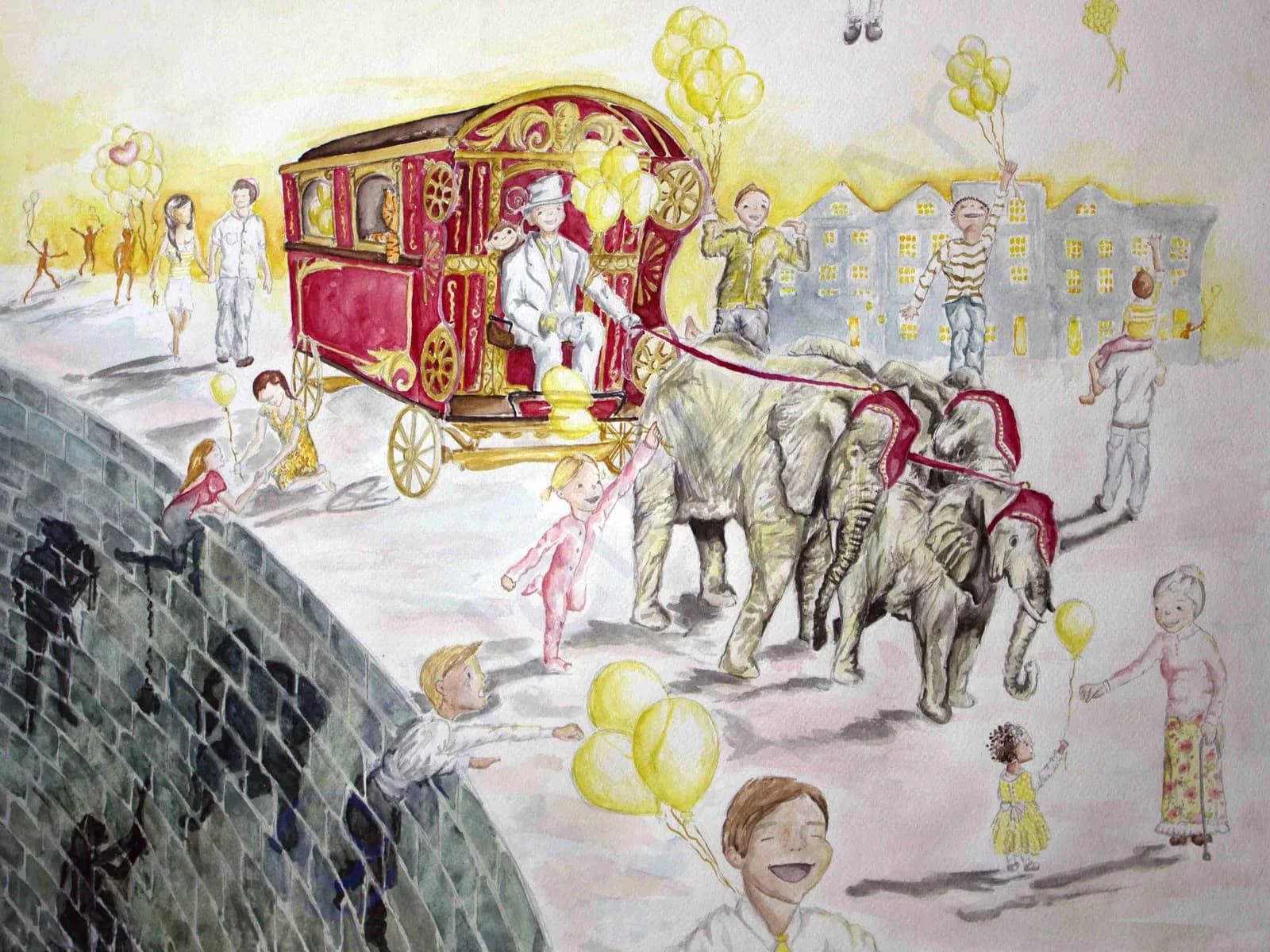 A whimsical circus parade with an ornate red carriage, elephant, and children holding yellow balloons in ink and watercolor.