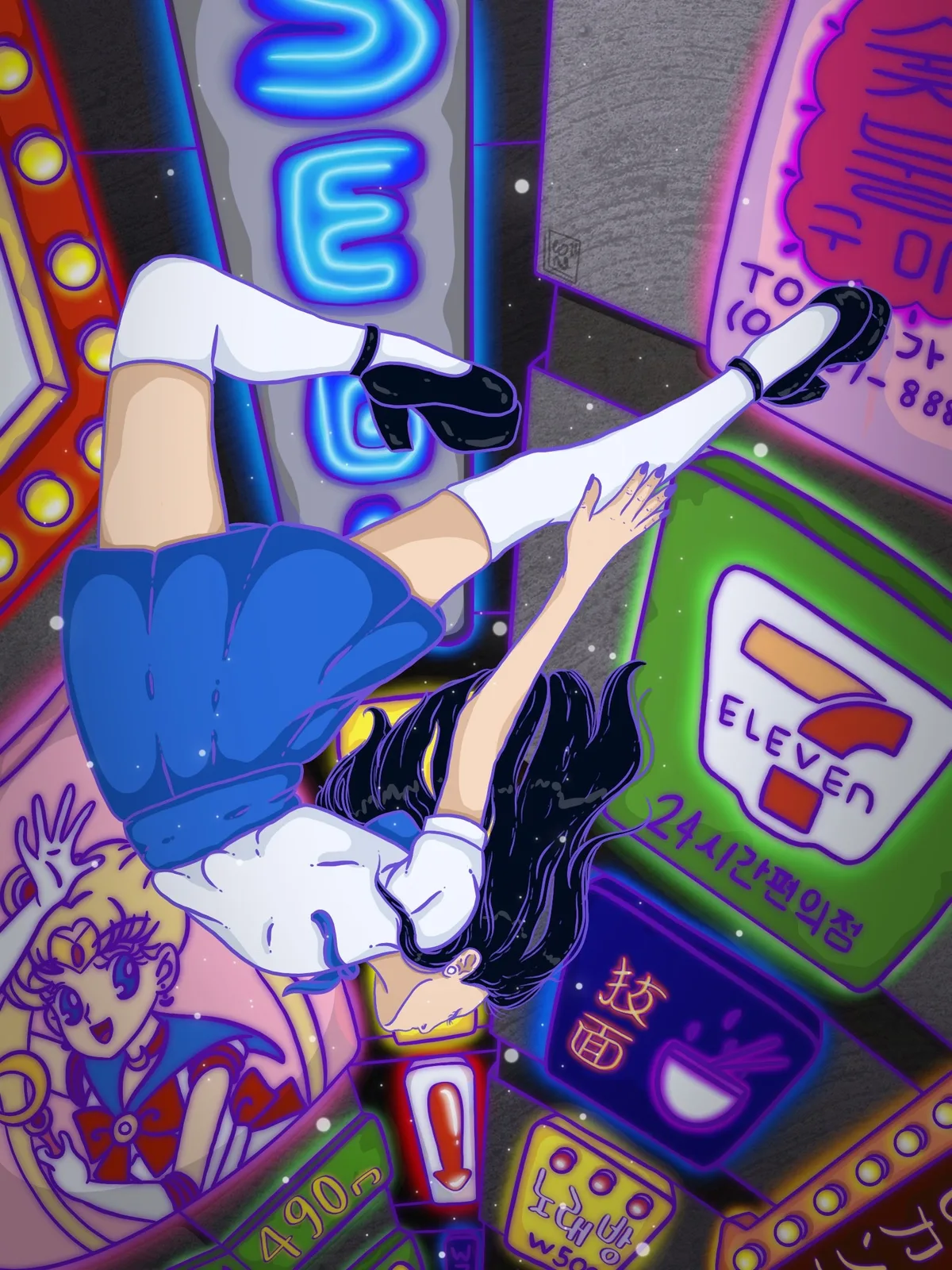 A stylized figure in blue skate gear surrounded by vibrant neon arcade signage and digital imagery.