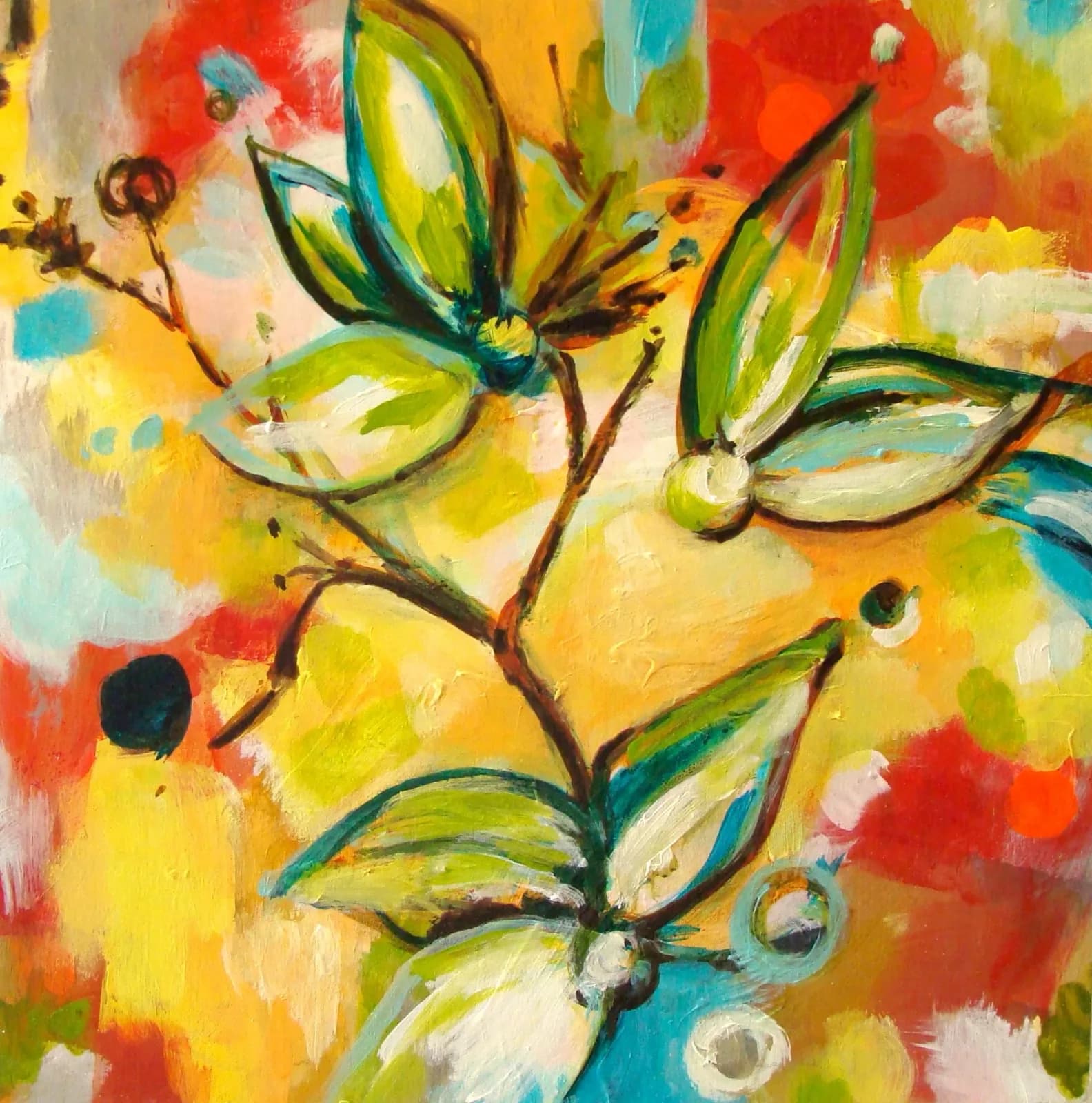 Three stylized wildflowers with green leaves and brown stems set against a vibrant, multicolored abstract background.