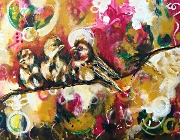 Three birds perched on a branch amid vibrant abstract expressionist composition with mixed media layering.