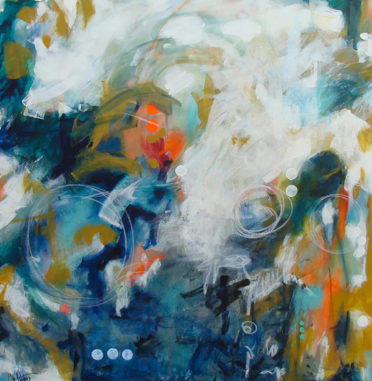 Abstract acrylic painting with gestural brushwork, teal, gold, orange, and white layered forms.