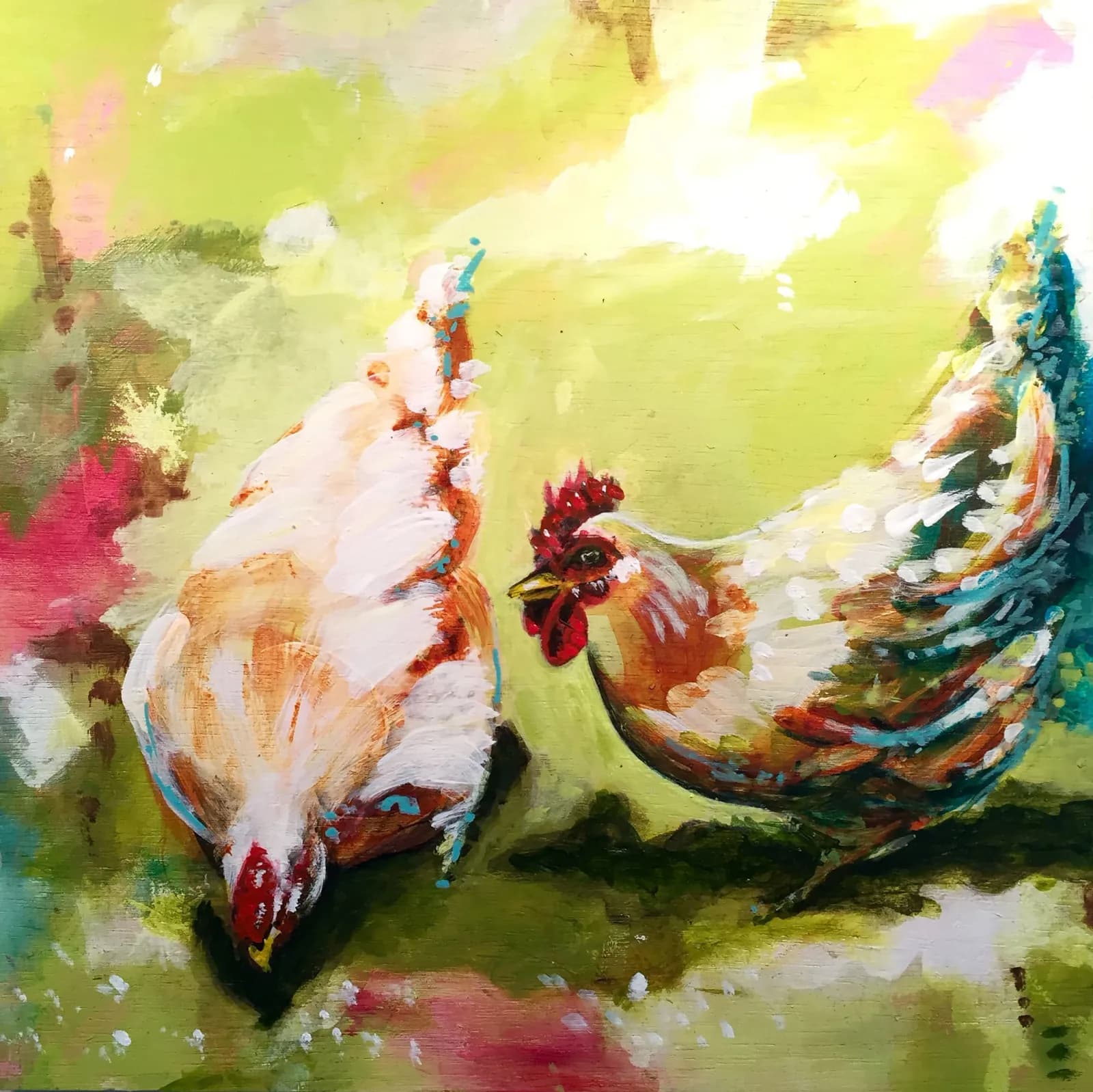Two roosters facing each other against a lime-green background, rendered in loose, colorful acrylic brushwork.