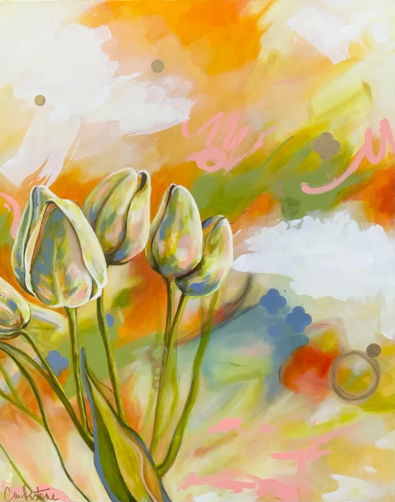 Watercolor painting of stylized tulips with flowing, colorful abstract background washes.