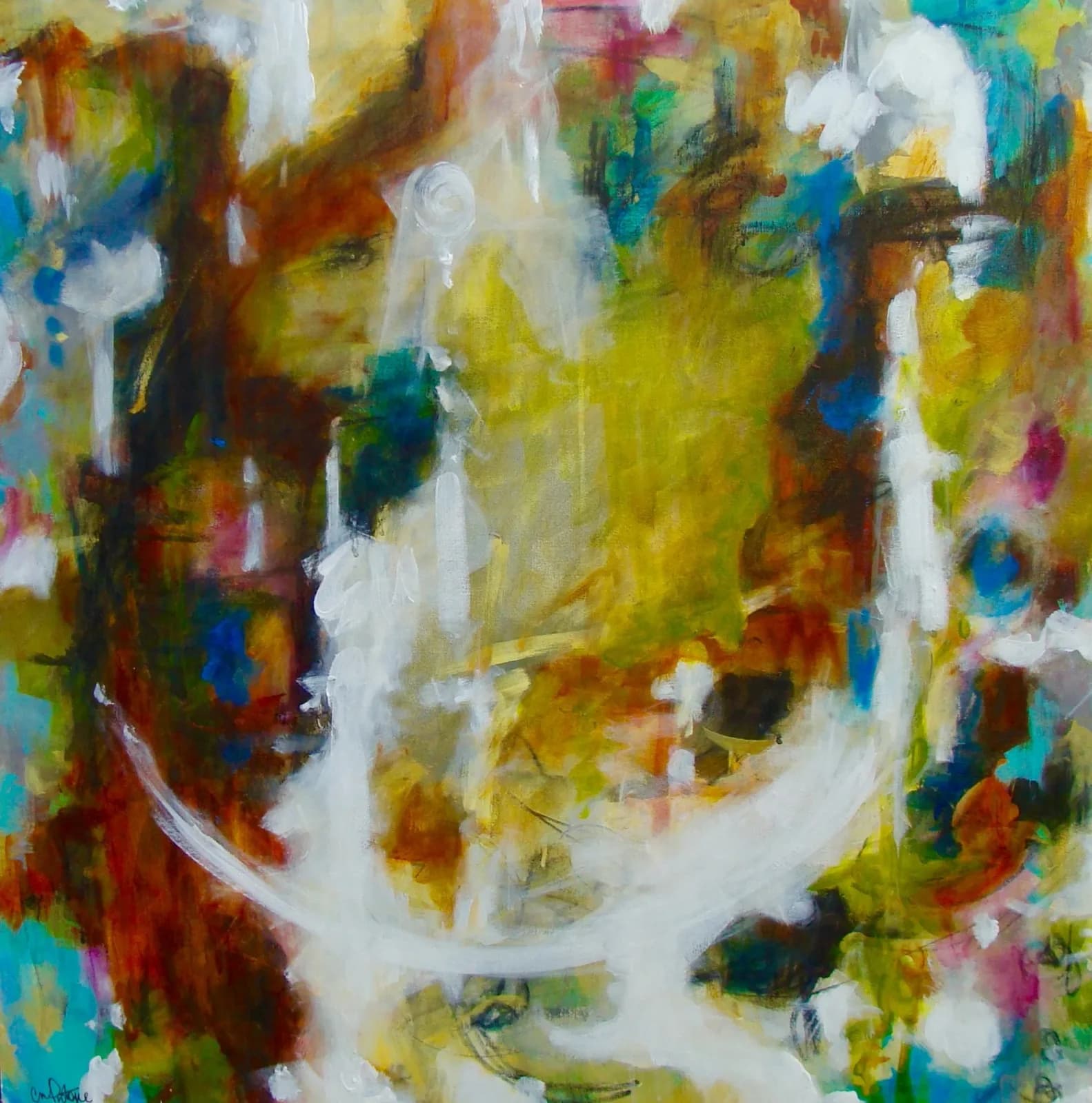 Abstract painting with sweeping white gestural forms over a vibrant layered palette of yellows, blues, reds, and teals.