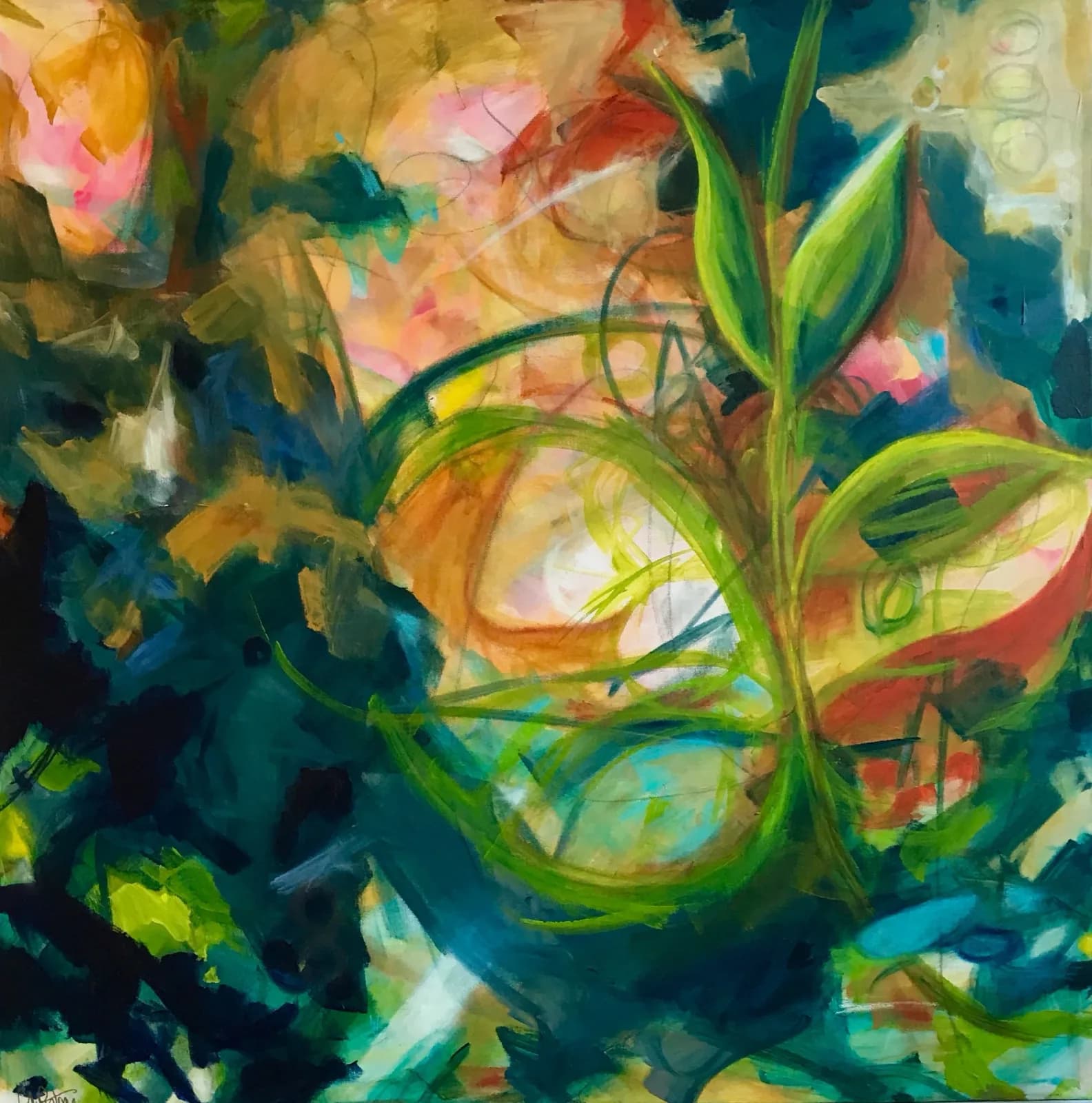 Abstract floral composition with vibrant overlapping blooms and green stems rendered in layered acrylic.