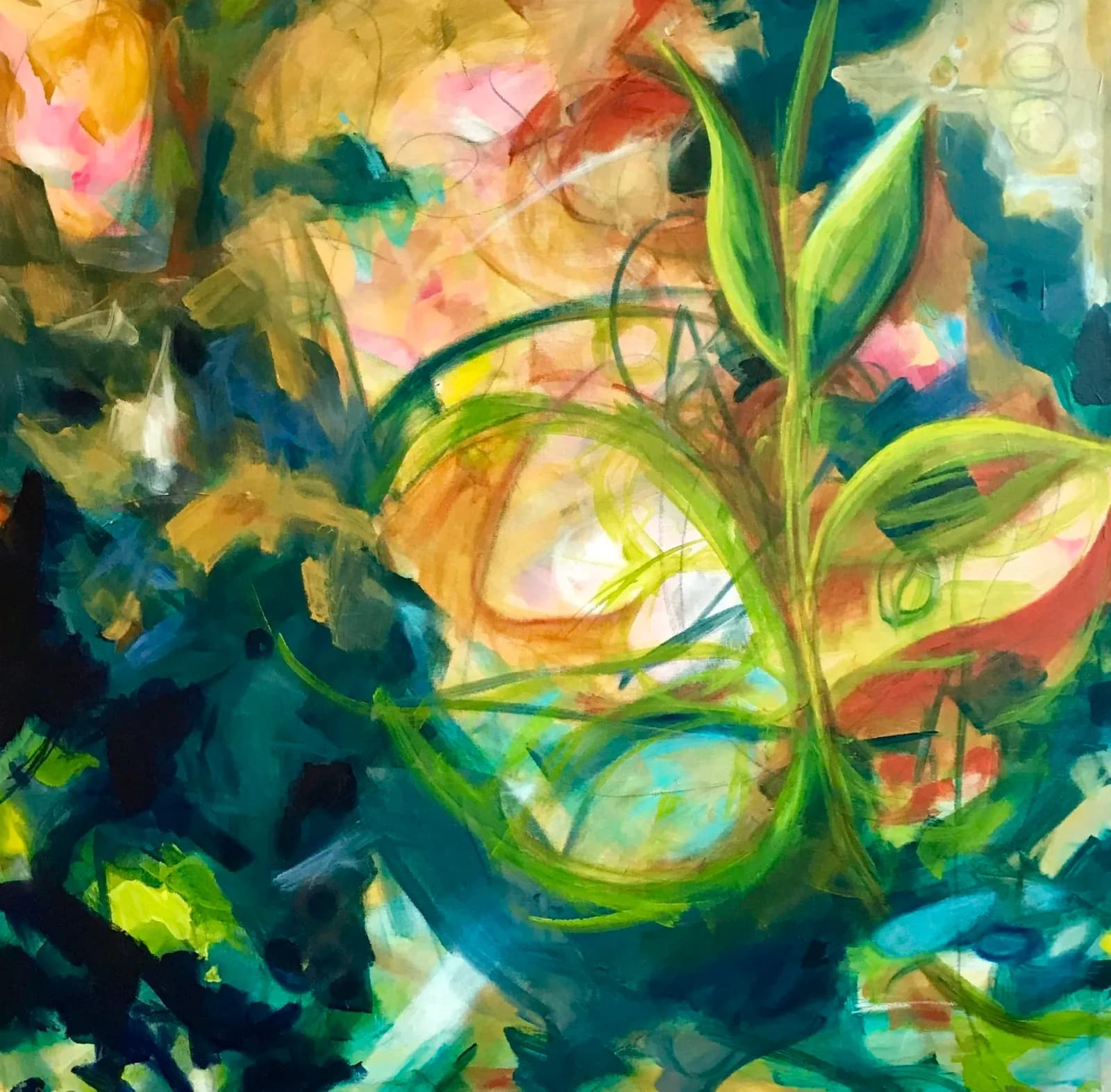 Abstract acrylic painting of luminous flowers and green stems with layered, gestural brushwork and a vibrant palette of pinks, yellows, and teals.