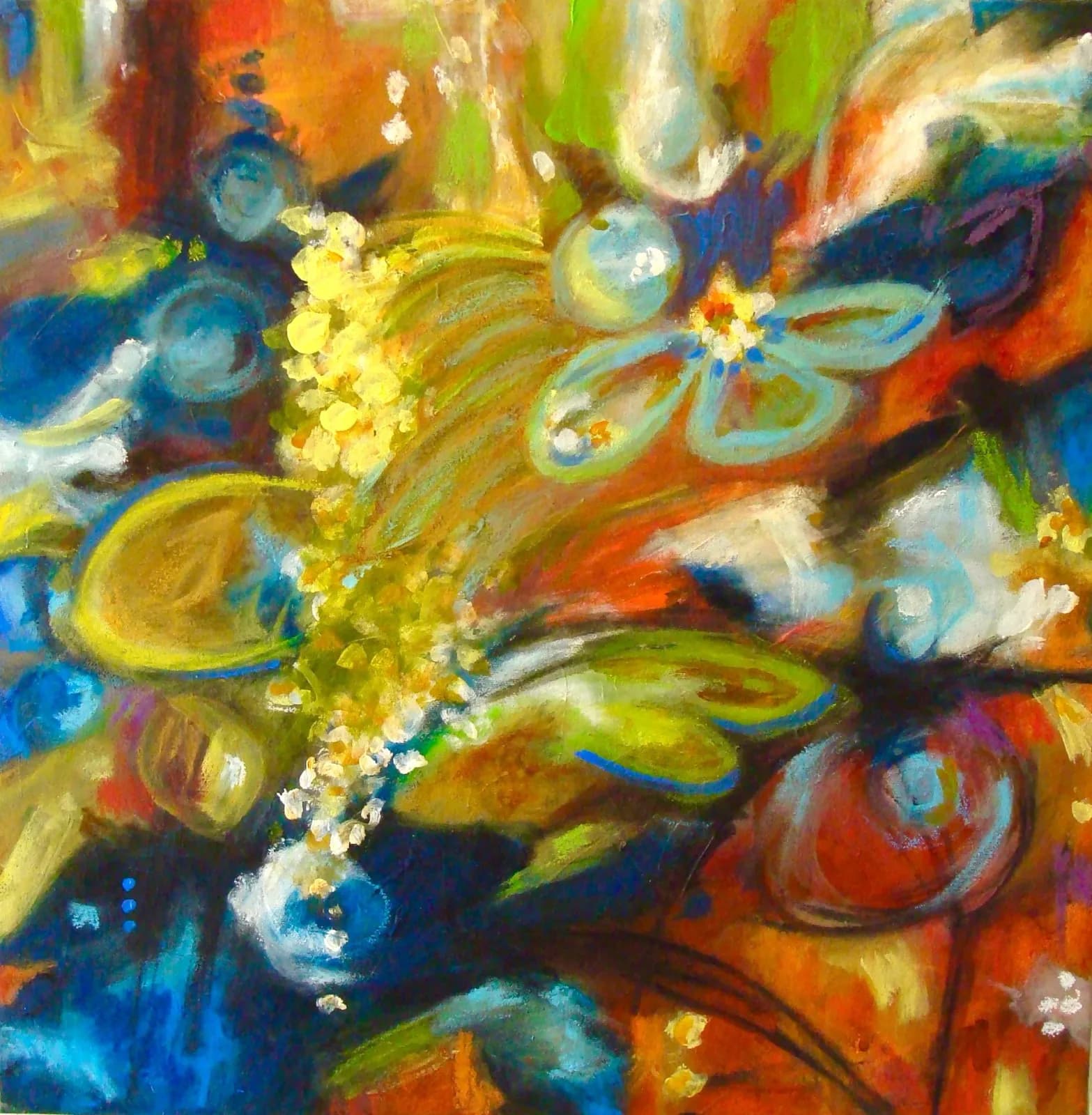 Abstract oil painting of stylized flowers and petals in vibrant yellow, blue, orange, and green.