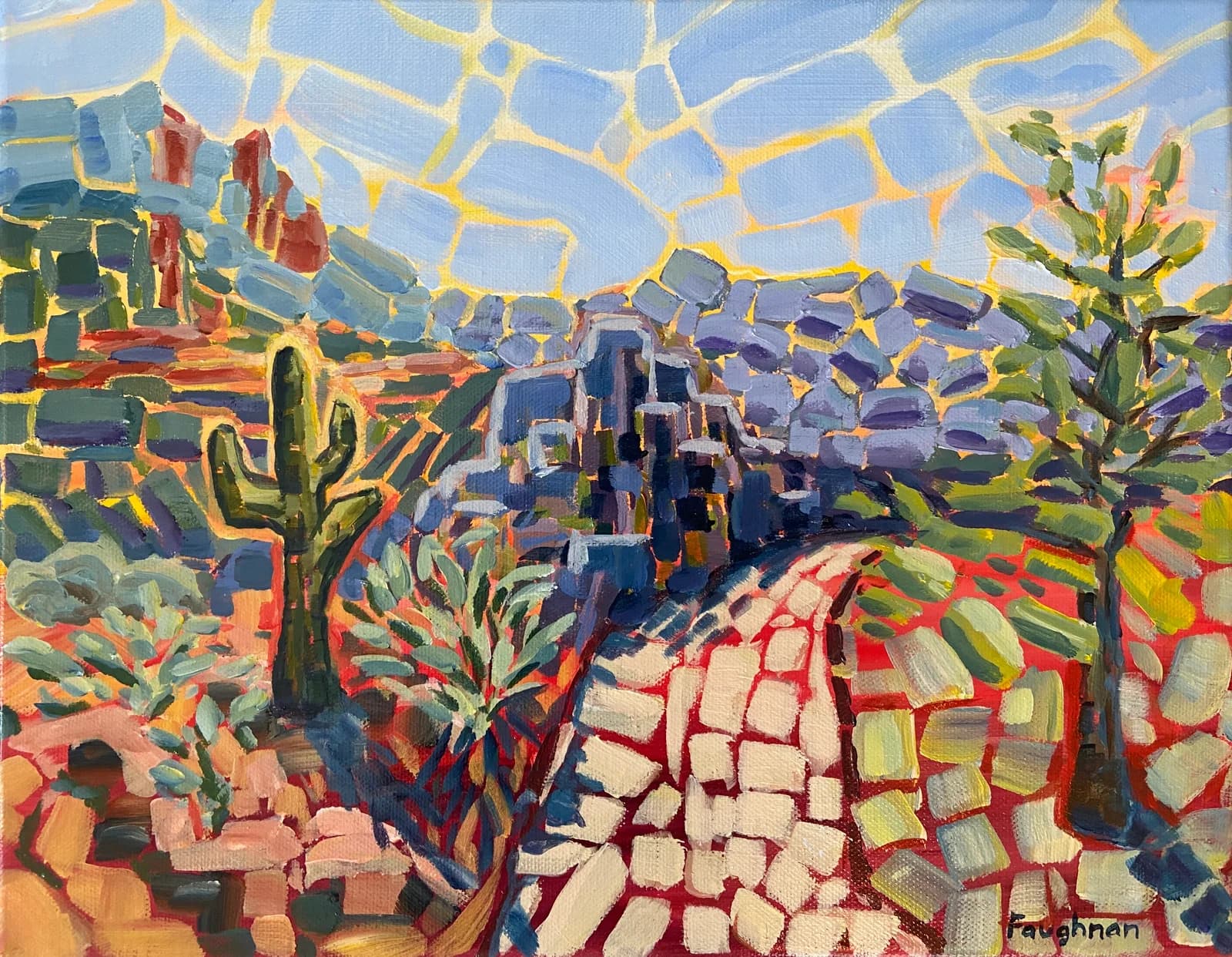 Desert landscape with cacti and angular rock formations under geometric yellow sky, acrylic painting.