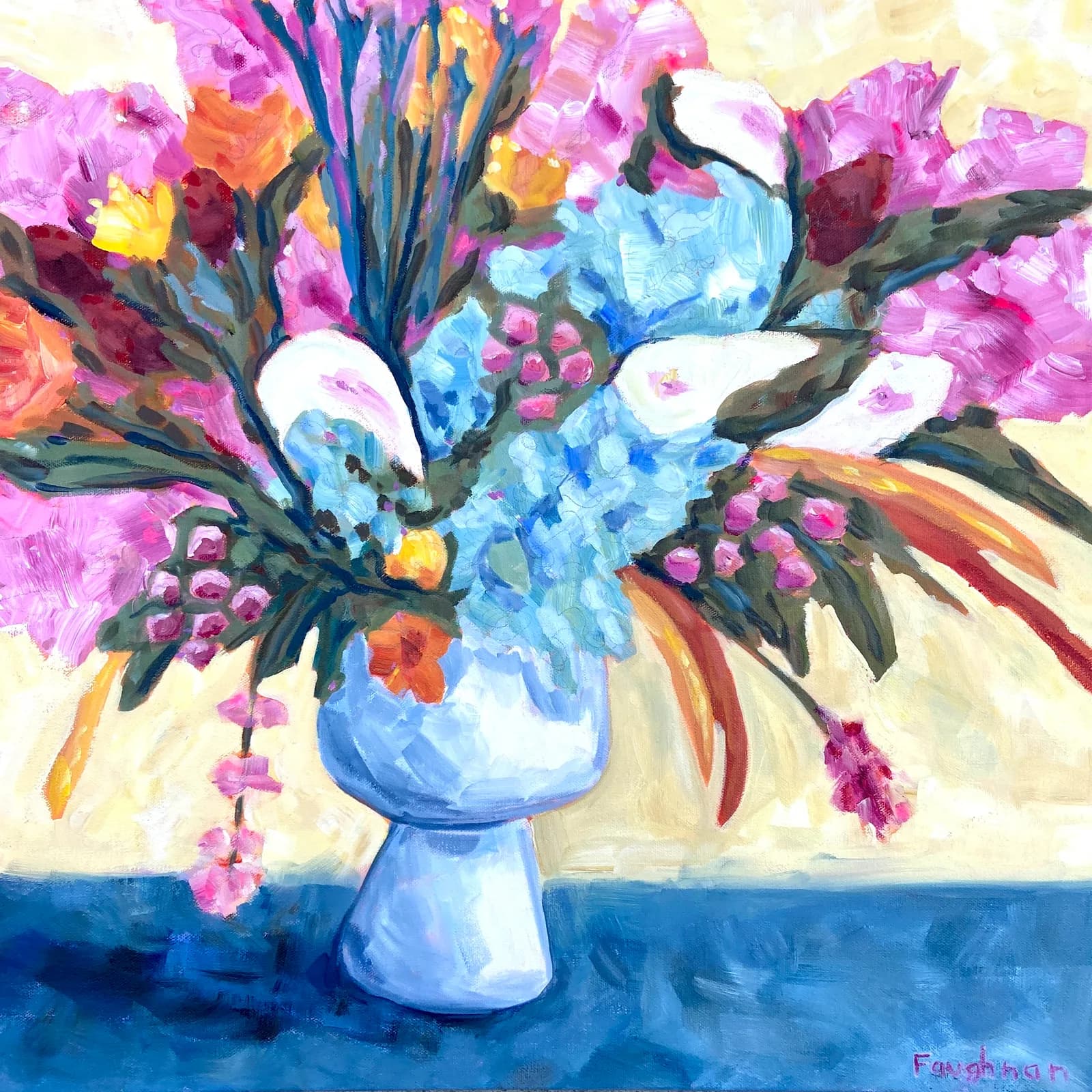 Vibrant floral arrangement in a blue vase with loose brushwork and saturated colors.