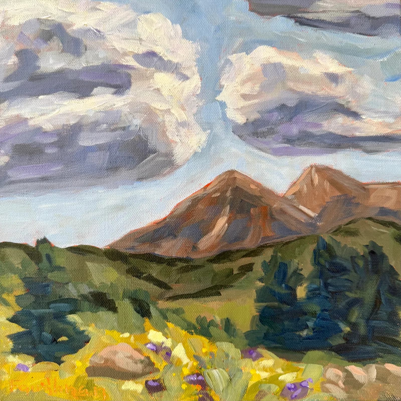 Oil painting of a mountain landscape with wildflowers in a sunlit meadow beneath clouds.