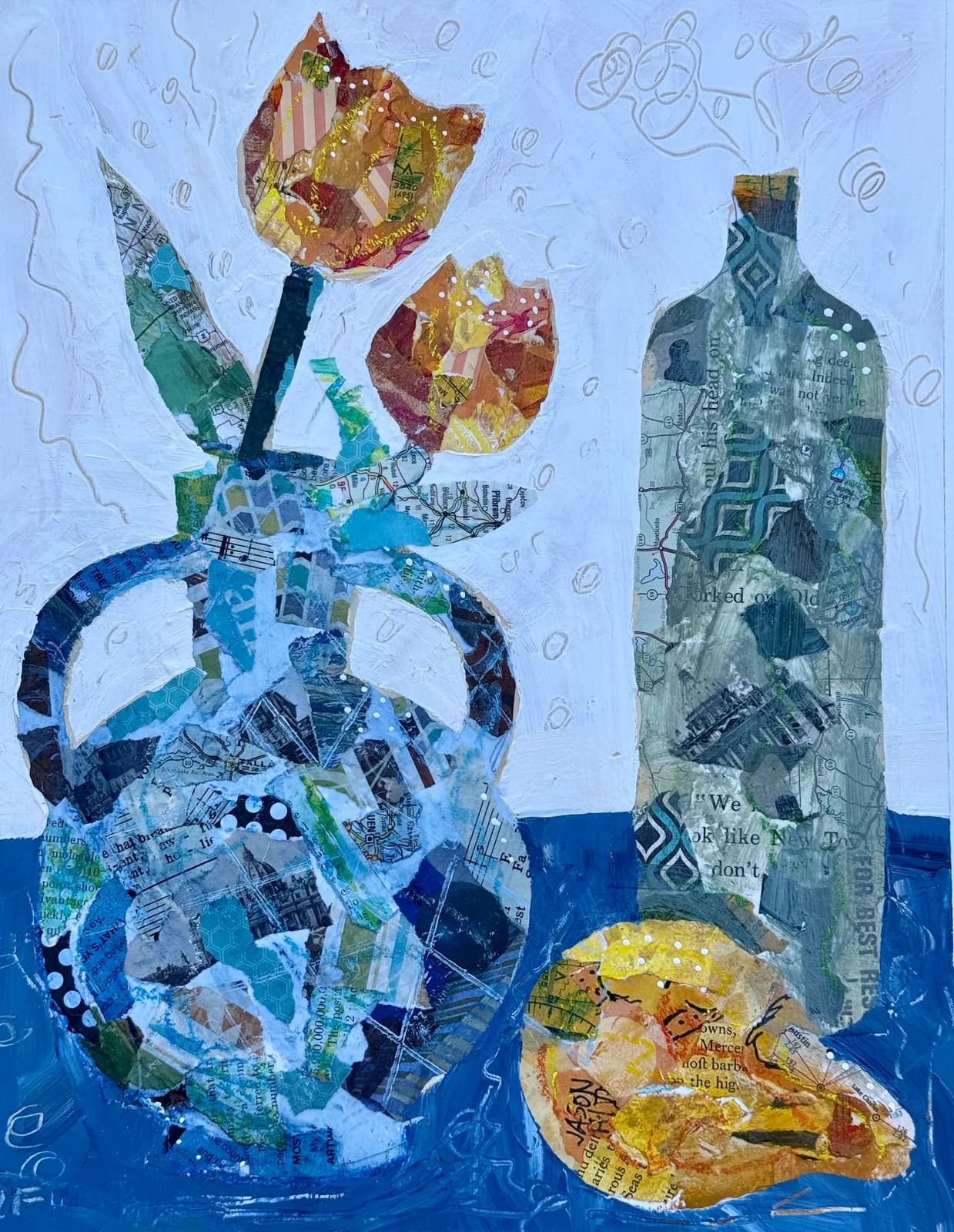 A mixed-media still life collage featuring fruit and a bottle assembled from patterned paper scraps on a blue background.