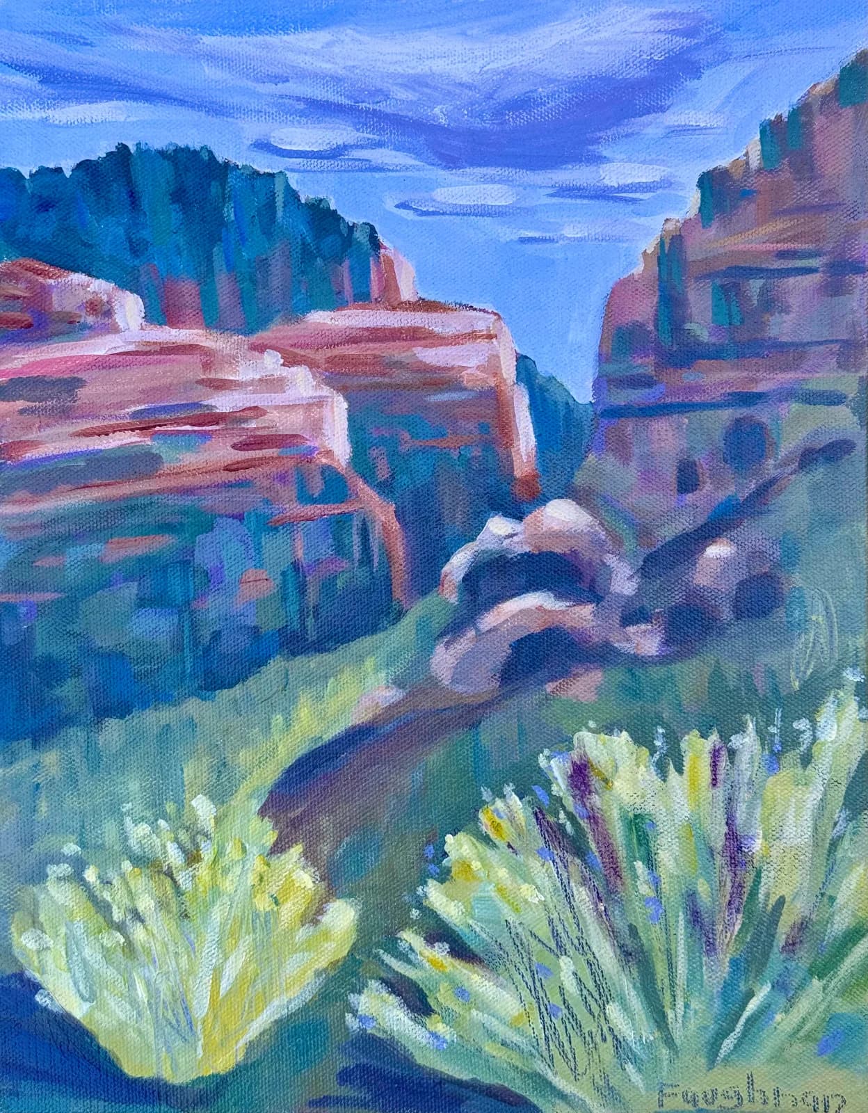 A painted landscape of the Boulder Flatirons with wildflowers in the foreground and dramatic tilted red-rock formations.