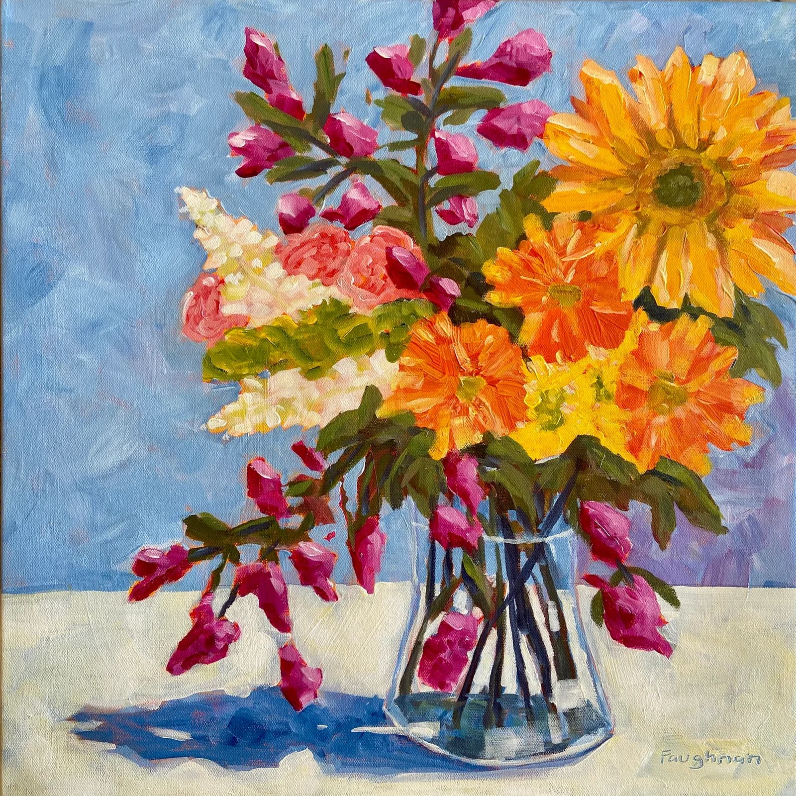Floral bouquet of gerberas and sunflowers in a clear glass vase, painted in oil with impressionistic brushwork.
