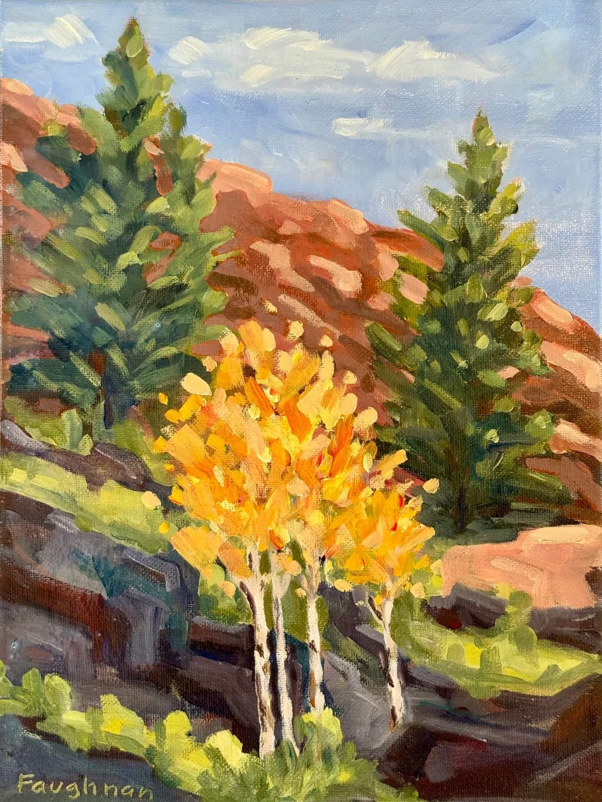 Golden aspens and wildflowers flourish beneath the tilted red-rock slabs of the Boulder Flatirons.