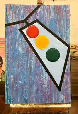 Abstract painting with a geometric triangle containing three colored circles against a textured blue background.