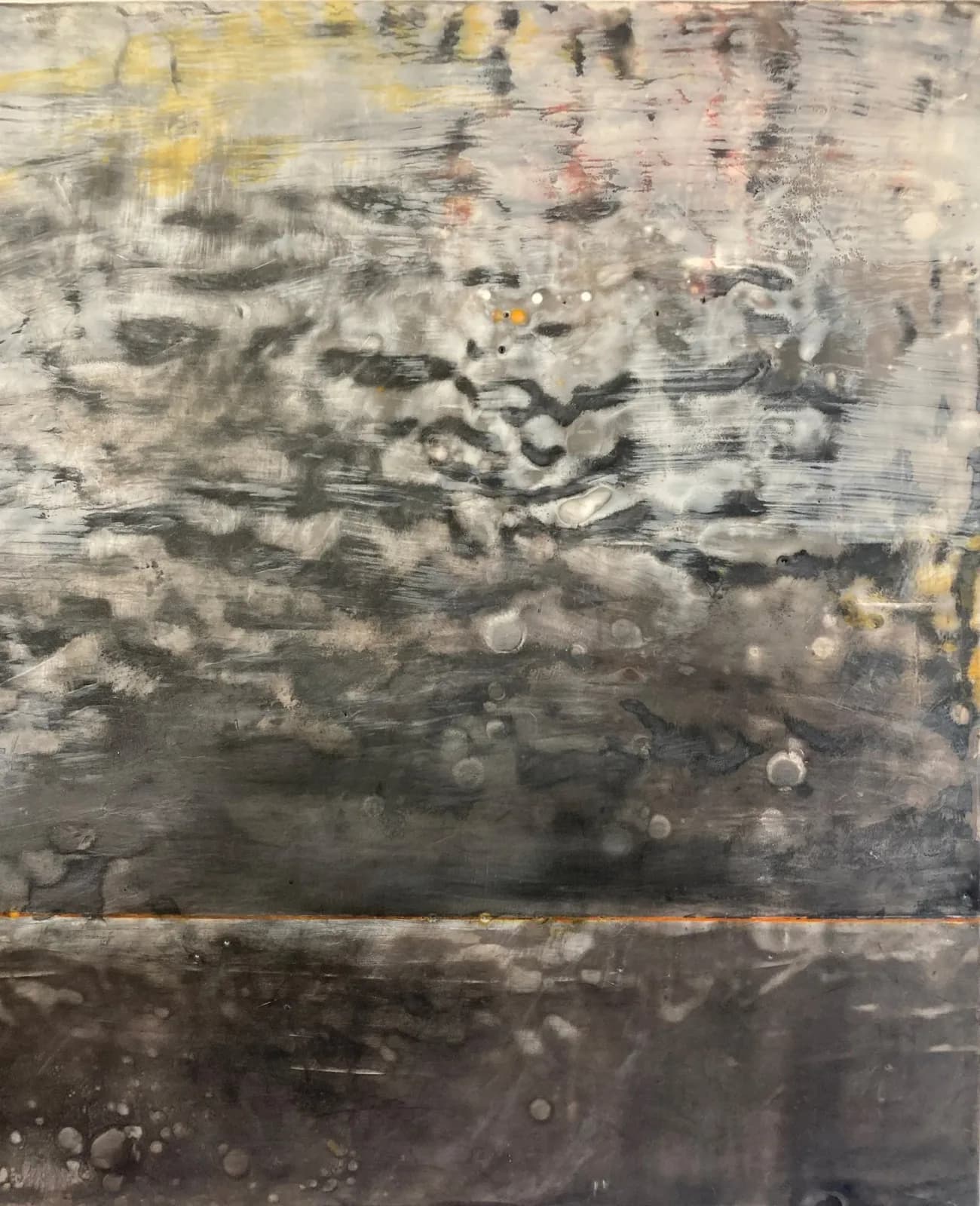 Abstract oil painting with gestural marks, layered grays, and accents of yellow ochre.