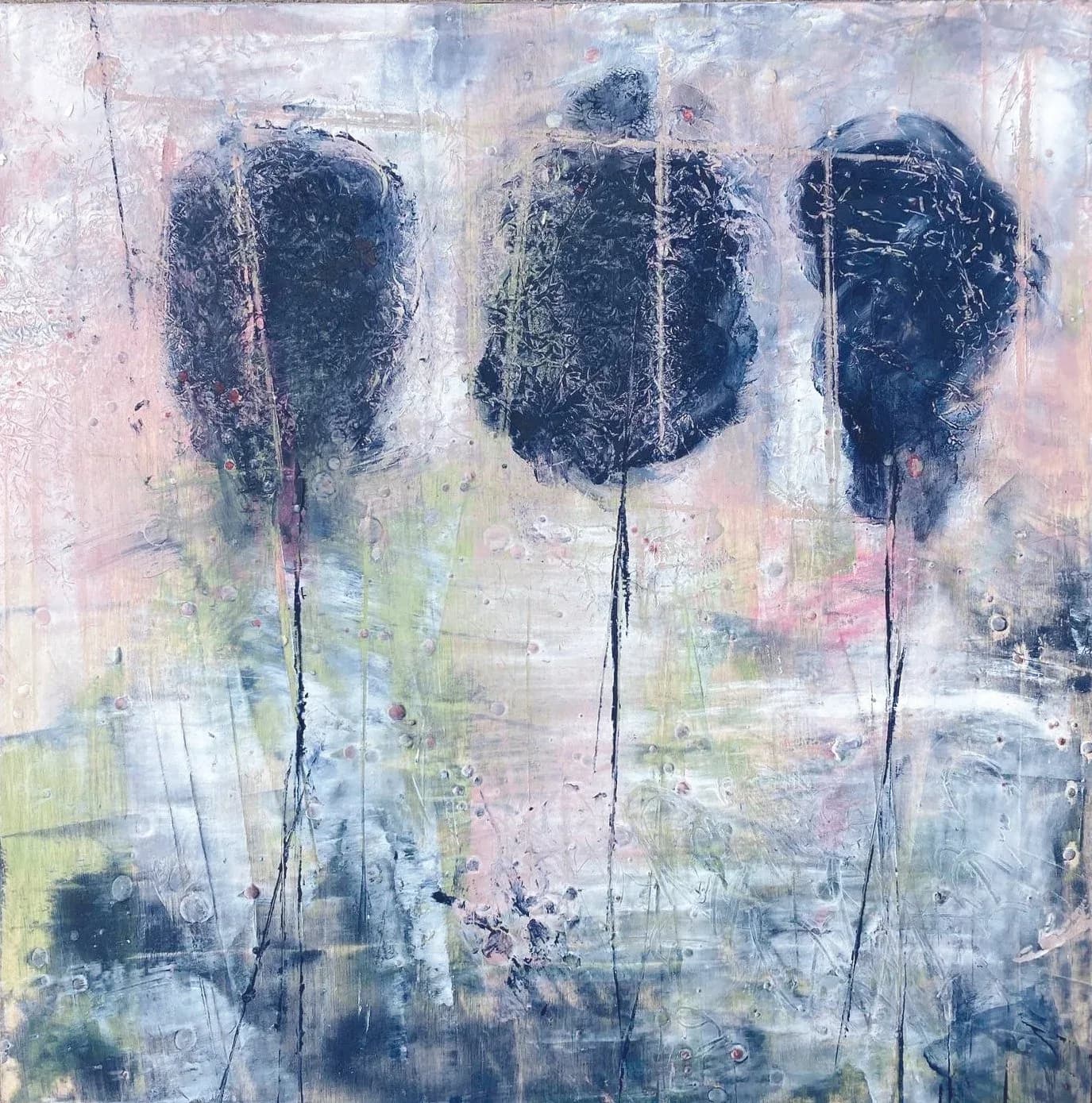Three dark, gestural forms rise vertically above a layered, pastel-toned abstract ground in acrylic.