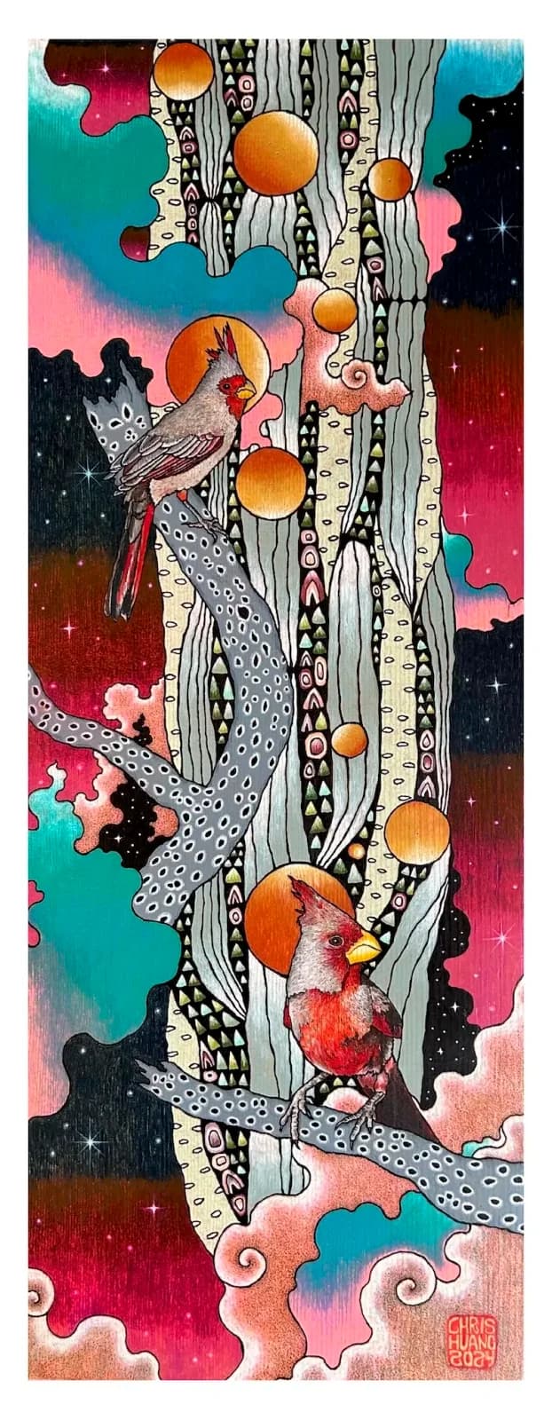 A serpent and bird perch on an ornamental tree amid floating orbs and psychedelic cosmos, rendered in ink and watercolor.