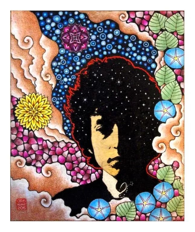 Portrait of a profile head silhouette surrounded by surreal botanical and cosmic motifs in mixed ink and watercolor.