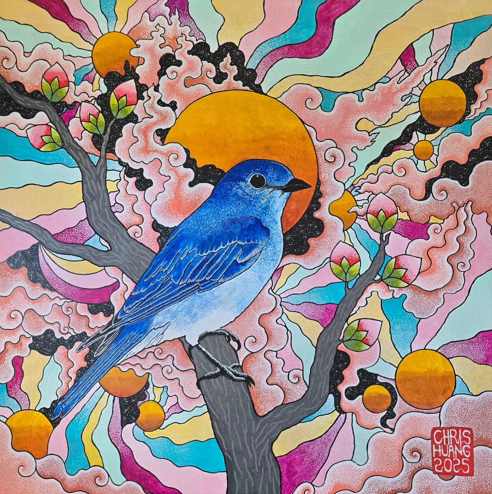 A bright blue bluebird perches on an ornate tree branch beneath golden suns in a whimsical, colorfully illustrated scene.
