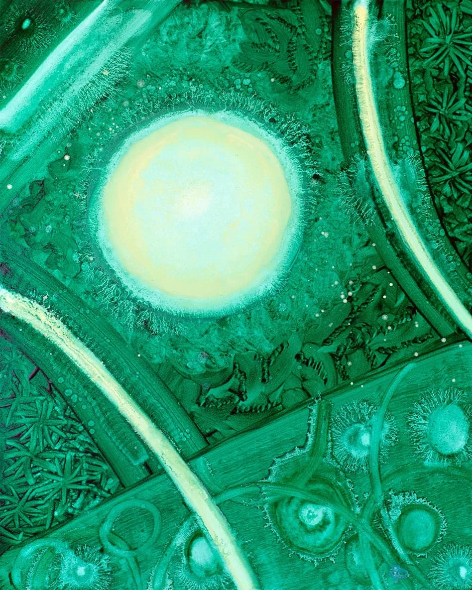 A non-representational acrylic composition with luminous central orb and intricate organic forms in layered greens.