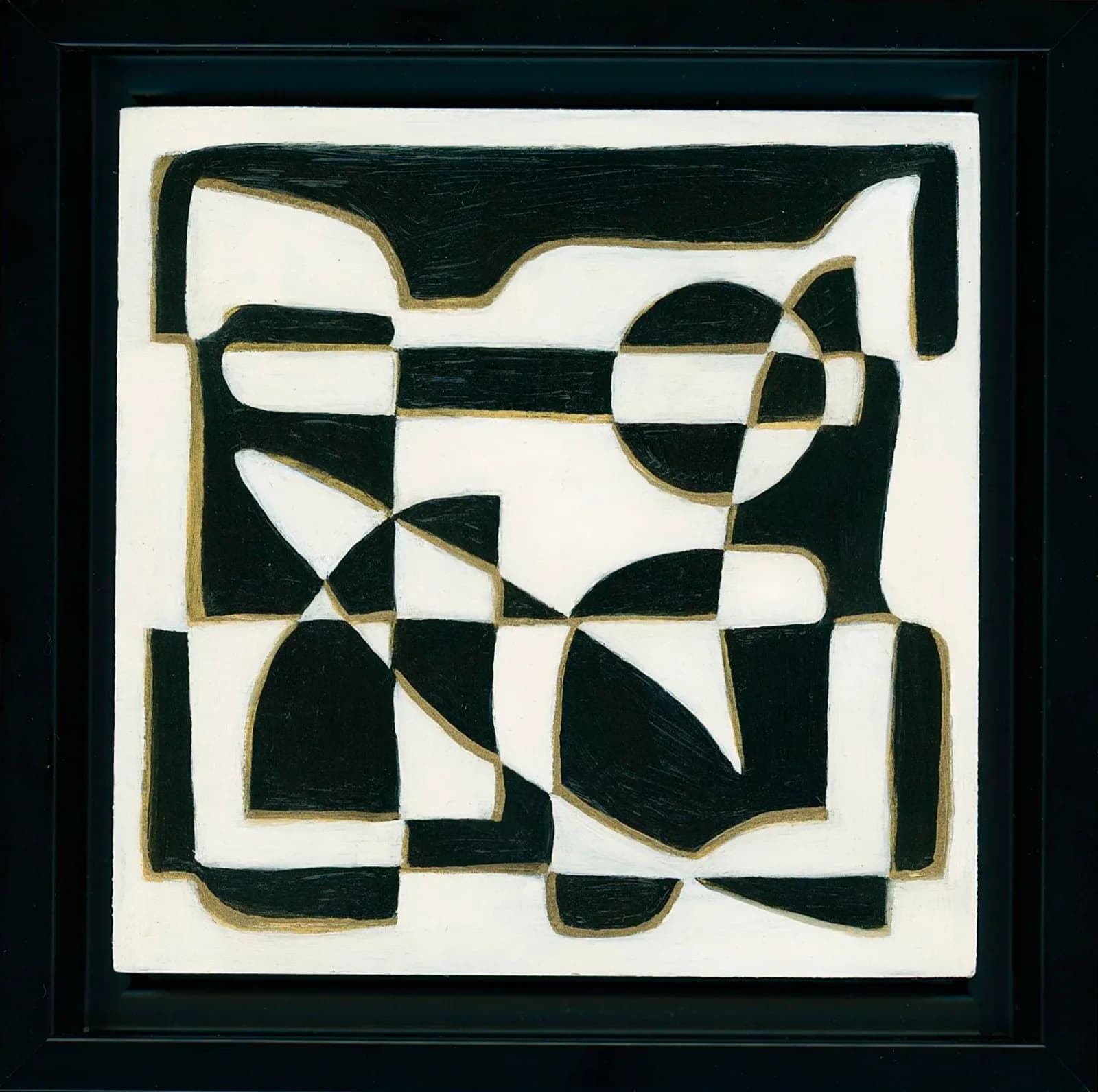 Geometric abstract print with interlocking black and white pattern and gold accents.