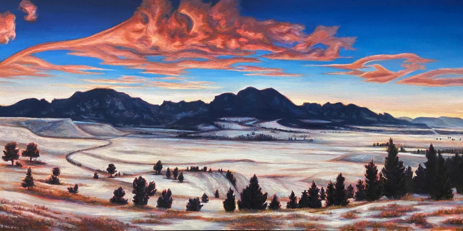 A mountain-rimmed valley bathed in mist beneath a dramatic sunrise sky, rendered in oil with warm and cool tones.