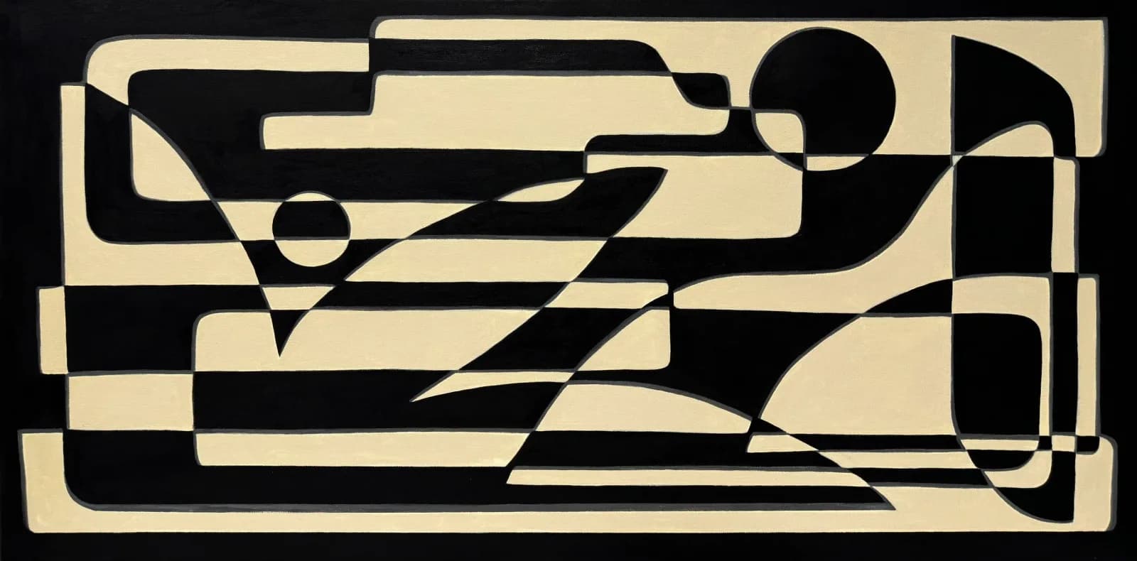 Geometric abstract composition in black and cream with bold, interlocking shapes and curved forms.