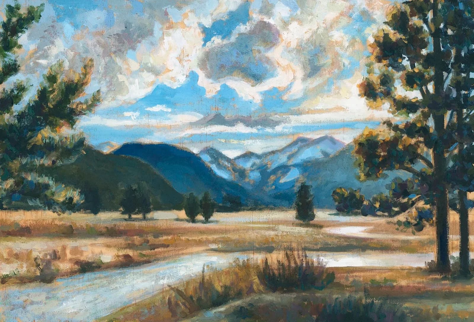 A mountainous river valley landscape in oil, framed by tall evergreens and a dramatic cloudlit sky.