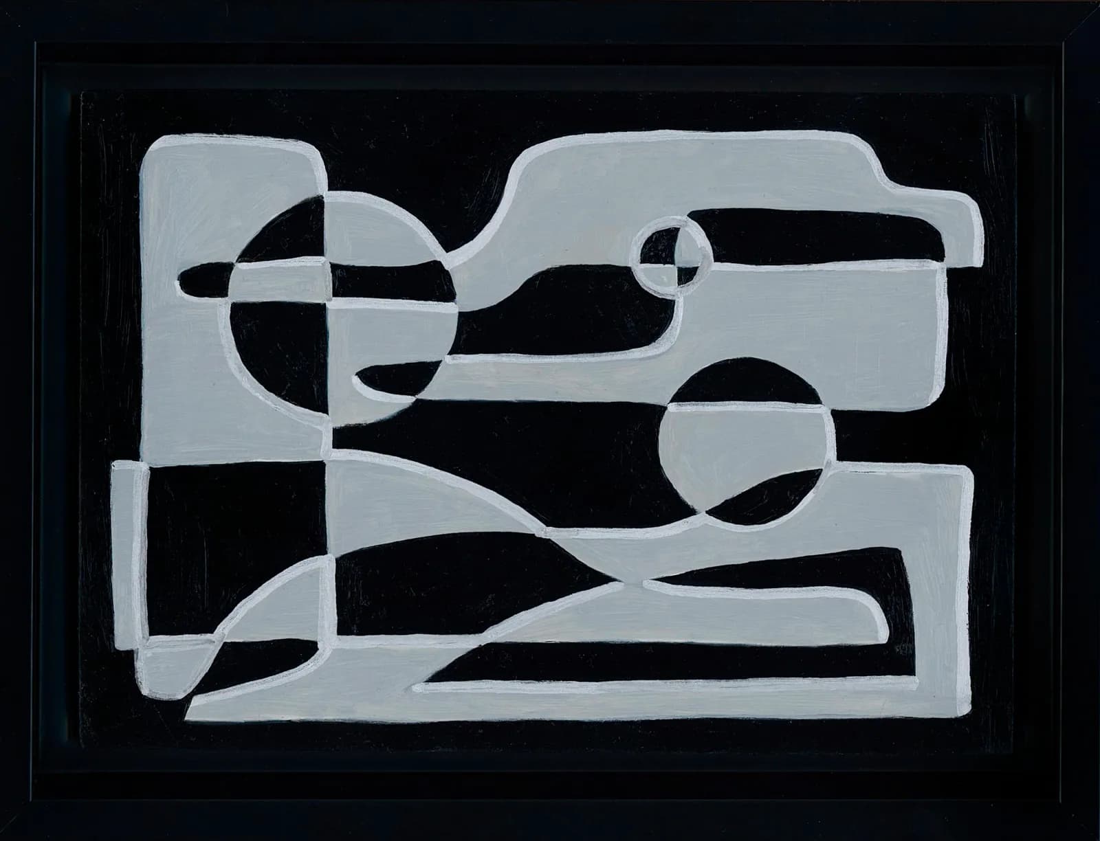 Abstract geometric composition in white and light gray forms against a black ground.